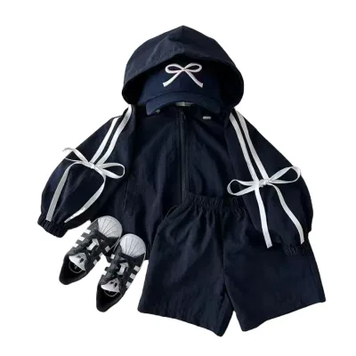 2024 New Korean Style Floral Solid Color Bow Hooded Zip-up Cardigan Suit Baby Tracksuit Hoodie