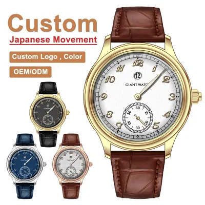 Professional Custom OEM Logo High Quality Stainless Steel Case Cow Leather Strap Sapphire Crystal Auto Diver Water Resistant