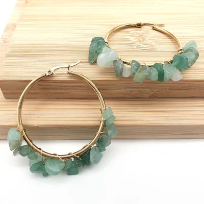 Fashion Stainless Steel Handmade Amethyst Crystal Agate Big Hoop Earring 18K Gold Waterproof Earring for Women