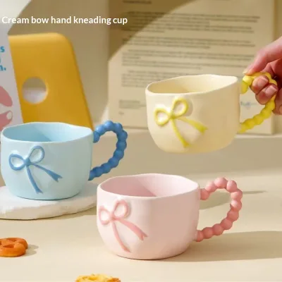 New Creative Hand-Painted Bow Ceramic Coffee Cup and Saucer Set-Women's Day Couple Gift Korean Style Fresh & Cute Design