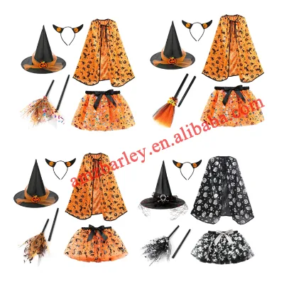 Cosplay Girl Halloween Sorceress Outfit 5pcs Set Pumpkin Skulls Witch Hat Devil Wizard Cloak Tutu Skirt Headband and Besom