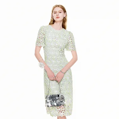 Elegant New Summer Dress Embroidered Sequined Skeletonized Straps Empire Waist Casual Style for Leisure Knee-length Front Logo