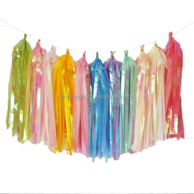 Multi Colours Iridescent Shiny Tassel Garland 2 Layers 24X35cm PET Tissue Paper Banners Wedding Birthday Bridal Party Decor