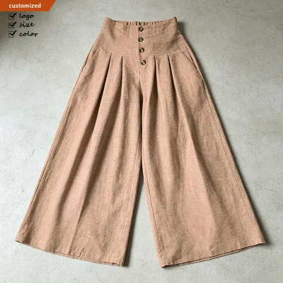 Custom Women's Spring Pleated Khaki Office Work Wide Leg Pants Solid High-Waist with Pockets Loose Design