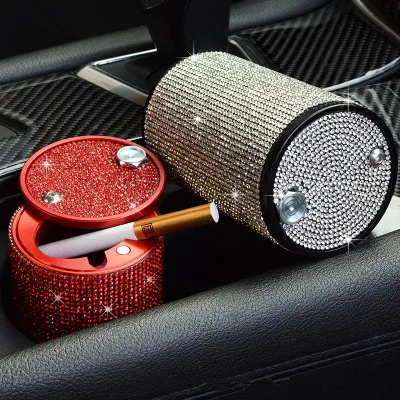 Car Ashtray Rhinestone-mounted Bling Crystal Metal Portable Rotation Cover Cigarette Smoking Tobacco Bin for Women and Men
