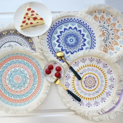 Bohemian-style Woven Cotton Circle Placemat Nordic Fabric Tassel Trim Heat-insulating coaster Household Decorative