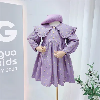 Girls' Autumn Comfortable Cotton Dress Korean Fashion Print with Small Yellow Flower and Doll Collar for Winter