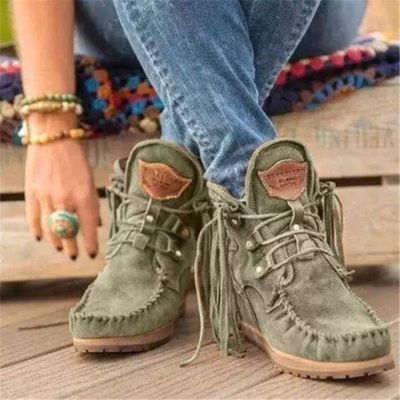 Winter Boots for Women Low Heel Flat Ankle Booties Fringe Suede Round Toe Flat Combat Boots Retro Cowboy Boots