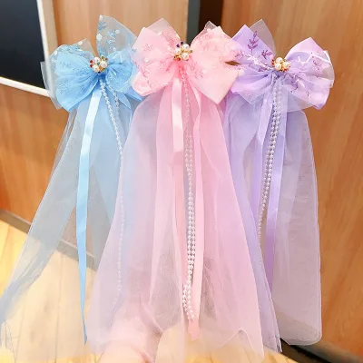 Summer Korean Style New Cute Princess Hair Accessories for Girls Sweet Bowknot Veil Hair Clips for Baby's Birthday Party
