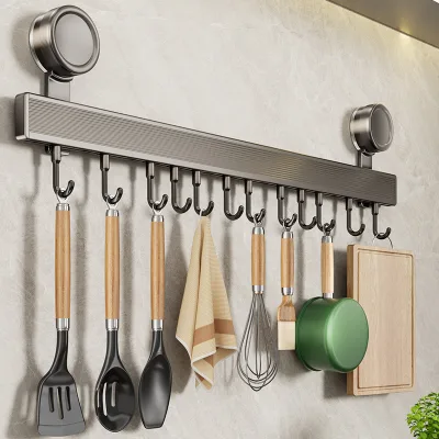Single Tier Metal Hooks with Suction Cups Wall Hanging Kitchen Storage Rod No Punching Necessary for Tool Organization