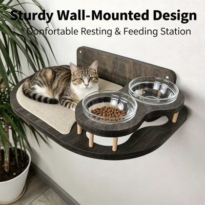 Elevated Wooden Cat Bowl Holder With Anti Slip Base and Easy Wall Mounting for Hygienic Pet Feeding in Modern Home Environment