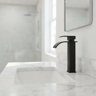 Modern Matte Black Single Handle Ceramic Valve Core Deck Mounted Tall Waterfall Mixer Bathroom Sink Faucet