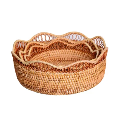 Hot Selling Hand Woven Wicker Decoration Organizer for Living Room Round Fruit Rattan Round Serving Tray Basket