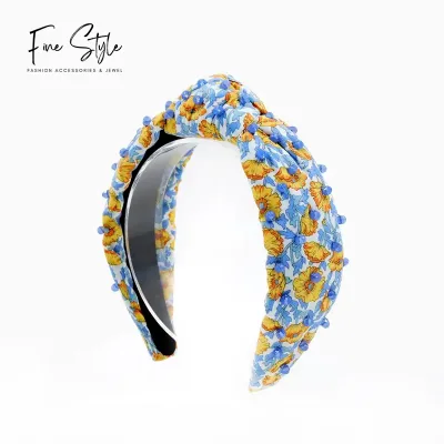 Hand-Sewn Blue Crystal Stonecustom Flora Printing Top Knotted Headband Designer Headband for Women