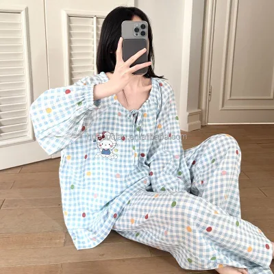 High Quality Breathable Soft Sweet Princess Wind Spring Autumn Pajamas Cute Polka Dot Checkered KT Cat Print Nightshirts Sets