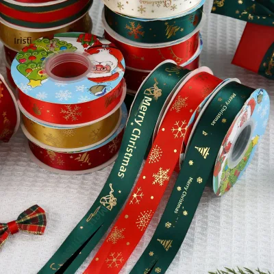 Christmas Ribbon Handmade Gold-Stamped Woven Trim 2.5cm Bow DIY Bouquet Gift-Wrapping Decorations Polyester