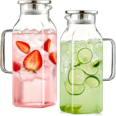 2-Piece 68 Oz/2L Square Borosilicate Glass Pitcher Stainless Steel Handle Lid Heat Resistant Modern Design for Hot Tea Cold Brew