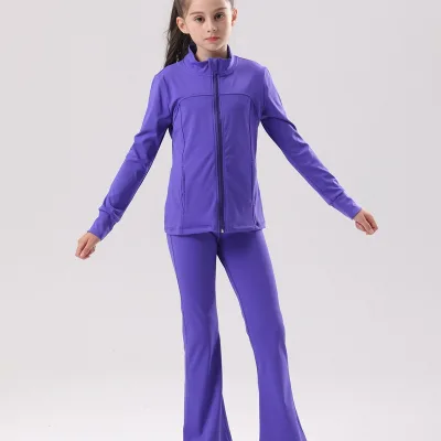 Kids Yoga Outfit Set Zip-up Fitted Flare Pants Two-piece Set for Running Sports and Outdoor Fitness