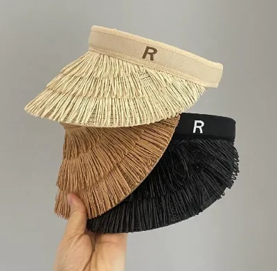 Women's Adjustable Wide Brim Paper Visor Hat with Tassels for Beach Casual Travel & Cycling-Adult Female
