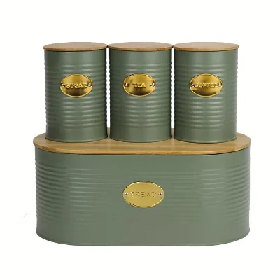 BX Customized Circular Corrugations 4-Piece sealed Galvanized Metal Storage Box Set Bamboo Lid Country Design Food Storage