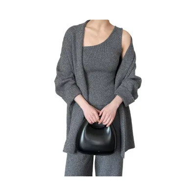Women's Chic Autumn Long Coat Jacket Loose Knitted Cardigan with Vintage Decoration Plain Dyed Techniques