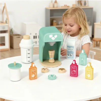 Wooden Pretend Milk Tea Machine Set, Children's Role-playing Play House Toy
