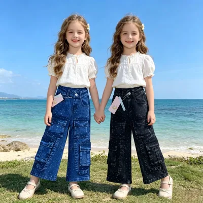 5.85 Dollar ZT005 Ages 2-5 Years Wholesale Kids Girls Wide Leg Denim Jeans Elastic Waist Double Button Rhinestone Trousers