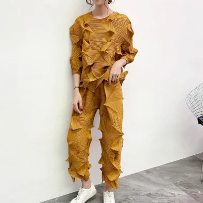 Designer High-end Irregular Pleated Suit Women Plus Size Casual Personality T-shirt + Pants 2-piece Suit Women's Clothing