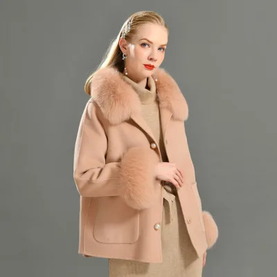 Long Sleeves Jacket Wholesale Fox Fur Trim Women's Cashmere Coat Pearl Button Short Style Sweet Winter 100% Cashmere Coat Fur