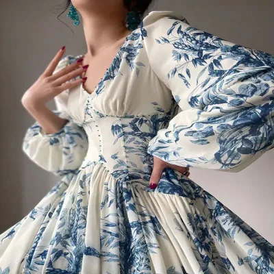 Puff Sleeve Midi Dress for Women Printed Decorated Ballroom Dance Gown Formal Midi Dress