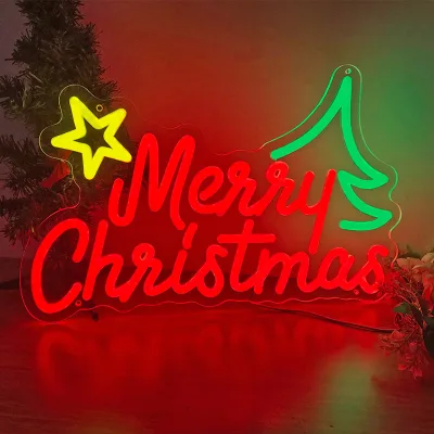 Dimmable Led Light Sign Xmas Tree and Santa Hat Merry Christmas Neon Signs for Holiday Party Home Bar Festival Wall Decor
