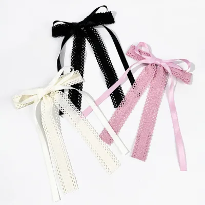 Women Simple Design Hair Barrette Lace Double Layer Ribbon Hair Bow Clip