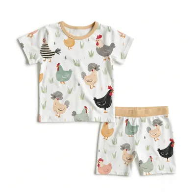 Children'S Boys Summer Breathable Washable Comfortable Animal Print Soft Knitted Cotton Pajamas 2-10 Years Unisex Short Sleeve