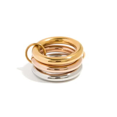 Unique Design Titanium Steel Real Gold Thick Three-rings Three Tone Color Splicing Link Rings