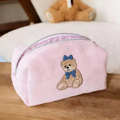 Customized Cute Bear Embroidered Makeup Bag Cosmetic Bag Coquette Towel Toiletry Bag with Pink Gingham Lining