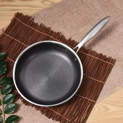Factory Wholesaler 20 24 26 cm Honeycomb Non-Stick Coating Triple-Layer SS Frying Pan Stainless Steel Pan Non-Stick Cookware