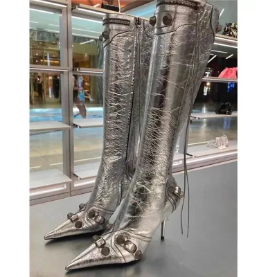 Knee High Boots Women Pointed Metallic Microfiber Boots with Fleece Lining EVA Midsole Rubber Outsole for Winter Party Styling