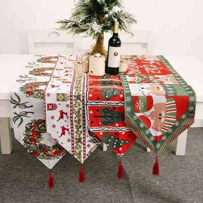 Creative Jacquard Embroidery Linen Table Flag for Kitchen Small Tablecloth with Cross-Border Christmas Print Holiday Decorative