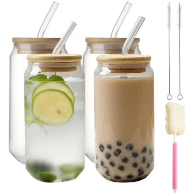 Hot Sale Boba Tea Water Beer Can Shaped Drinking Glasses 12oz 16 oz Glass Cups with Bamboo Lid and Straw