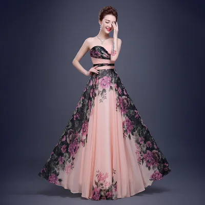 Top Sales New Spring Flower Printing Chiffon Strapless Prom Ball Gown Dress