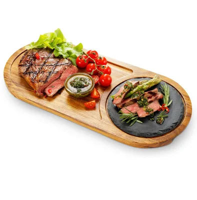 BBQ Steak Wood Serving Board Charcuterie Slate Stone Wood Cutting Board Wood Serving Tray for Grilling with Juice Groove