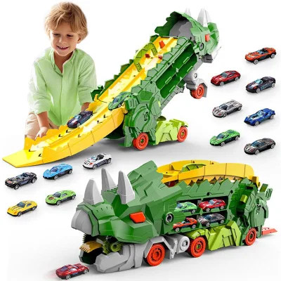 Dinosaur Portable Transporter Car Toys Alloy Triceratops Swallowing Deforming Track Car with 2 Friction Toy Vehicles