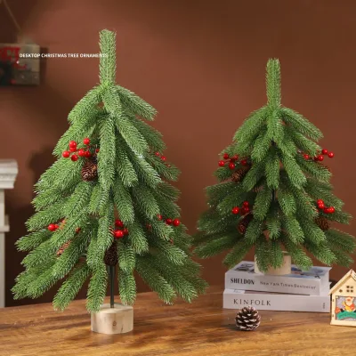 Desktop Mini Christmas Tree with Red Berries and Pinecones,Artificial Tabletop Tree with Wooden Base for Holiday Home Desk Shelf
