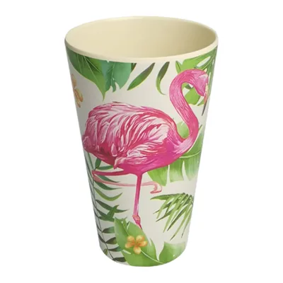 Lush Green Foliage 13.5oz Beige-Based Tropical Flamingo Melamine Cup for Daily Drinks