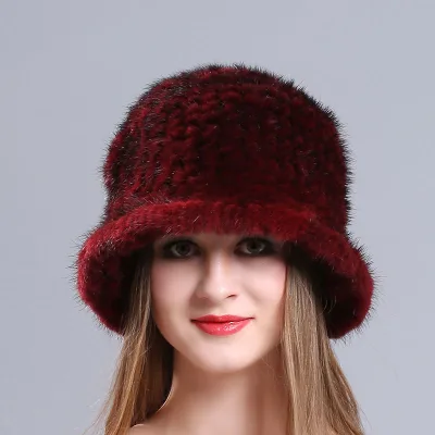 Wholesale Mink Fur Knit Beanie Short Brim Winter Hat for Outdoor and Party Scenes