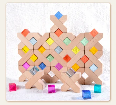 Wood Building Blocks 40-Piece Set Rainbow Translucent Cubes Creative Construction Toys Animals Nature Theme for Children 5-7
