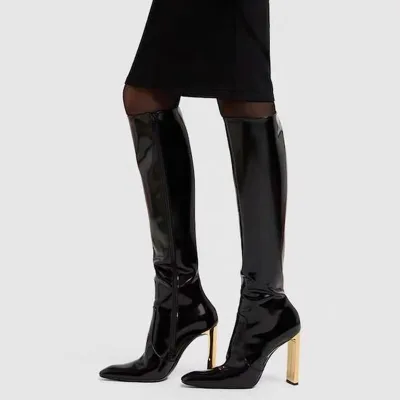 Gold Metal Chunky Heels Long Boots New Trendy Solid Square Toe Women's Knee High Boots Custom Matte Patent Shoes