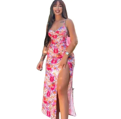 European and American AliExpress Cross-border New Sexy Suspenders Sleeveless Backless Floral High Waist Slim Slit Bag Hip Dress