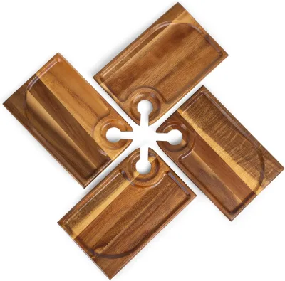 Rectangle Wine Appetizer Plates Set of 4, Cocktail Plate with Glass Holder, Cheese Board with Wine Holder