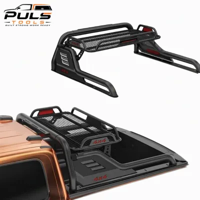 PULS Universal Iron Truck Bed Chase Rack Roll Bar Cargo Carrier Basket LED Brake Light Heavy Duty for GMC Sierra/Chevy Silverado